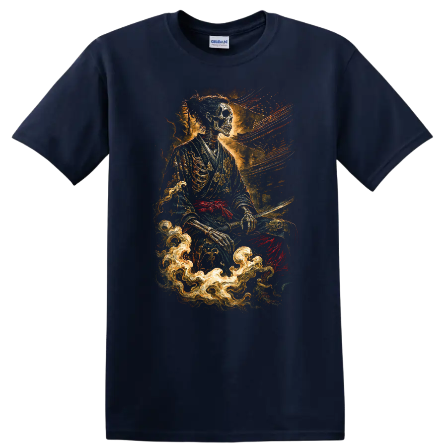 Japanese Style Skeleton Samurai T Shirt with Dark Floral Fire Art - Navy (Blue)