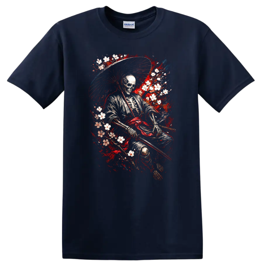 Japanese Skeleton Samurai Warrior T Shirt, Vintage Ink Style - Navy (Blue)