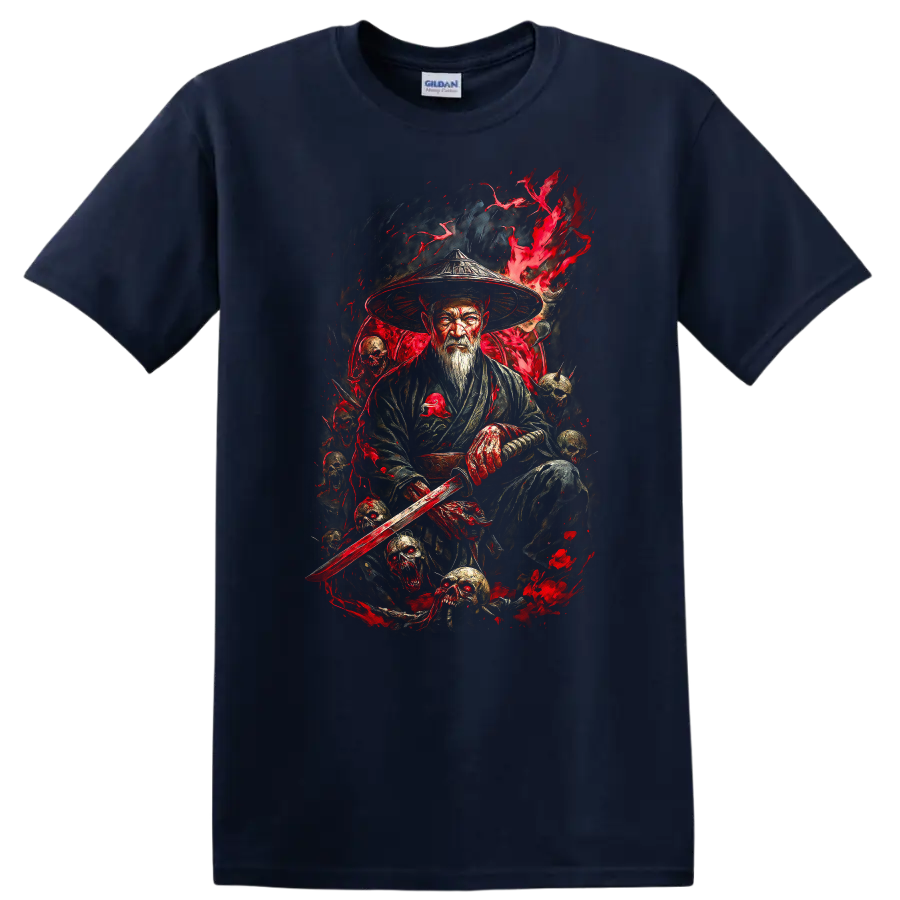 Japanese Samurai Warrior Sword Graphic T Shirt Dark Red Art - Navy (Blue)