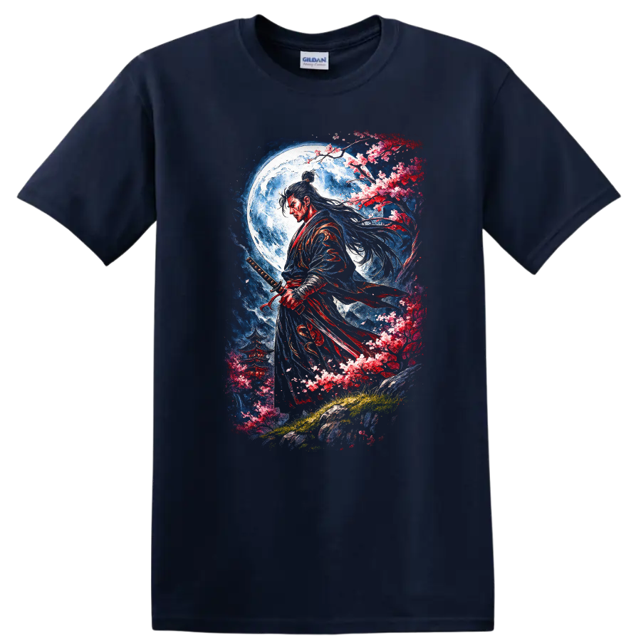 Japanese Samurai Moon Blossom Warrior T Shirt, Elegant Sword Art - Navy (Blue)