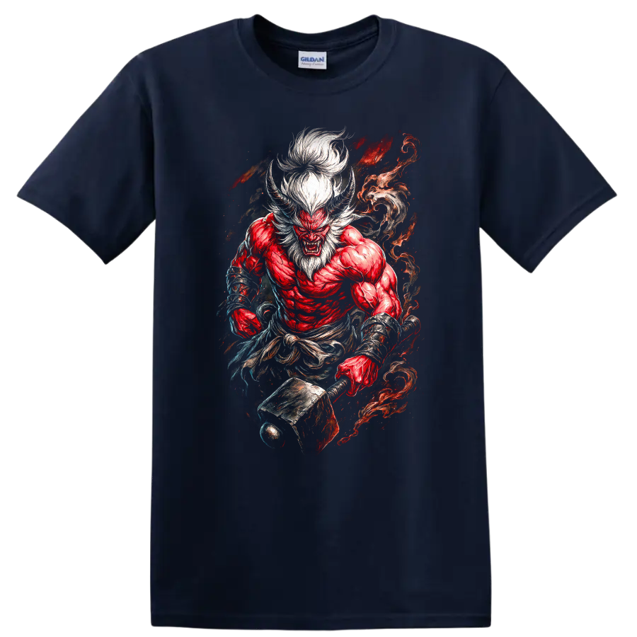 Japanese Demon Warrior T Shirt Red Oni Samurai Fire Art - Navy (Blue)