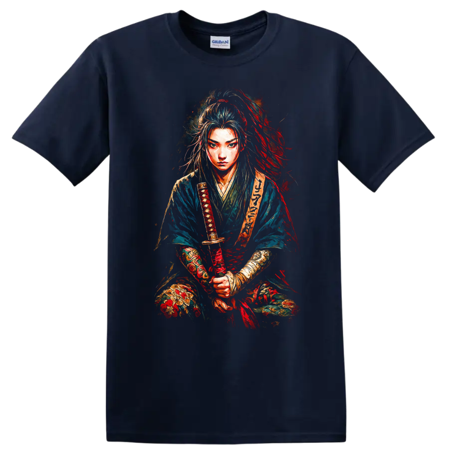 Japanese Samurai Warrior Portrait T Shirt Colorful Brushstroke Art - Navy (Blue)