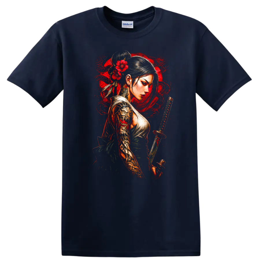 Japanese Warrior Woman Katana Floral Art T Shirt for Anime Style Fans - Navy (Blue)