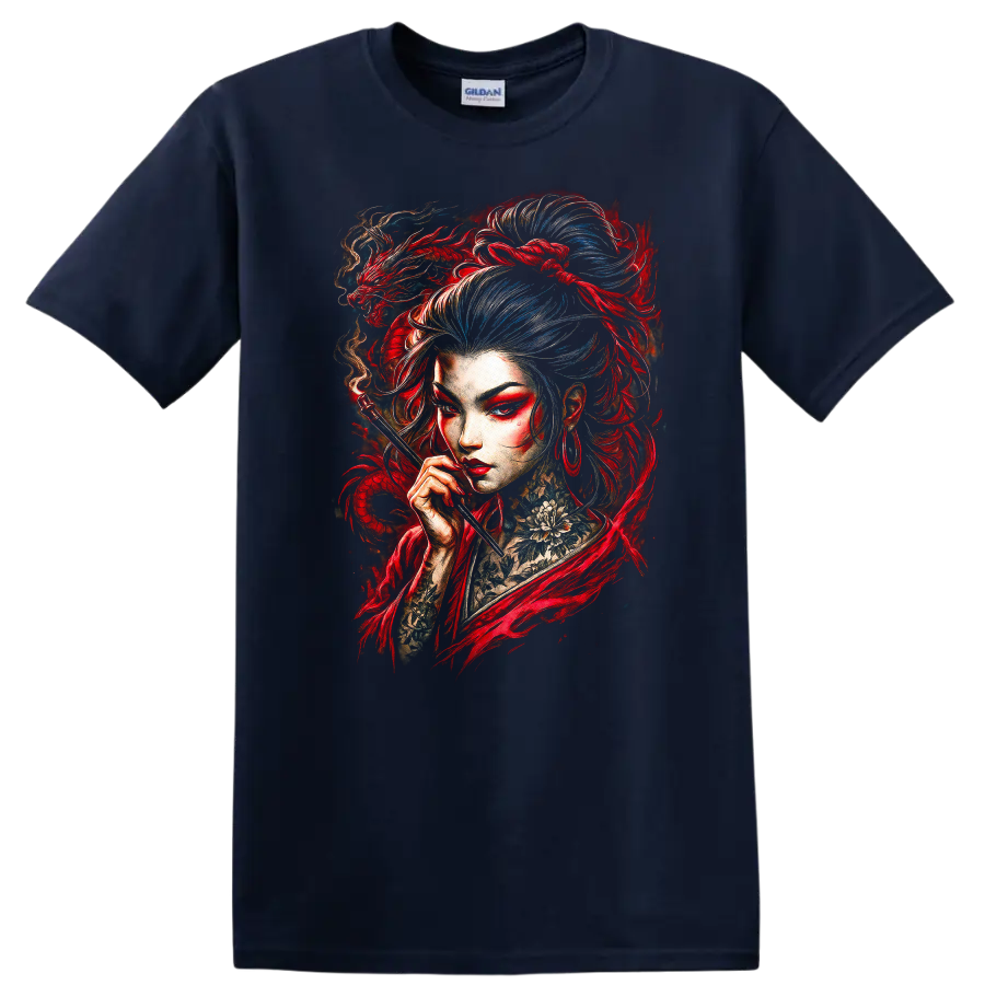 Japanese Style Geisha Dragon Art T Shirt Vibrant Red and Blue Portrait - Navy (Blue)