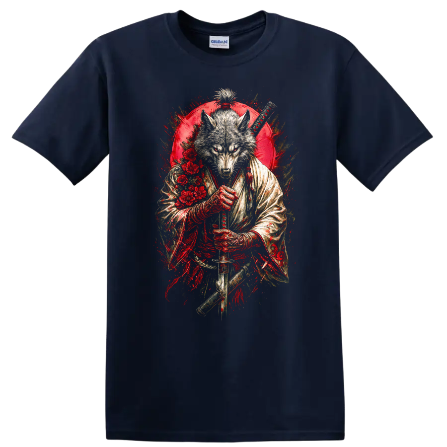 Japanese Wolf Samurai Sword Art Graphic T Shirt - Navy (Blue)
