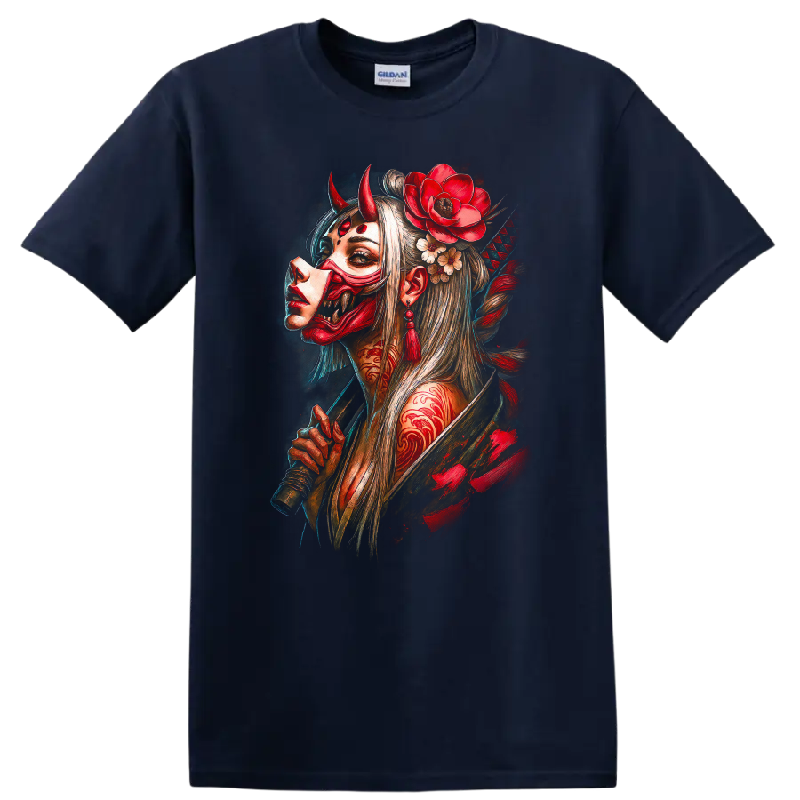 Japanese Oni Mask Woman Art T Shirt Red Demon Floral Samurai Style - Navy (Blue)