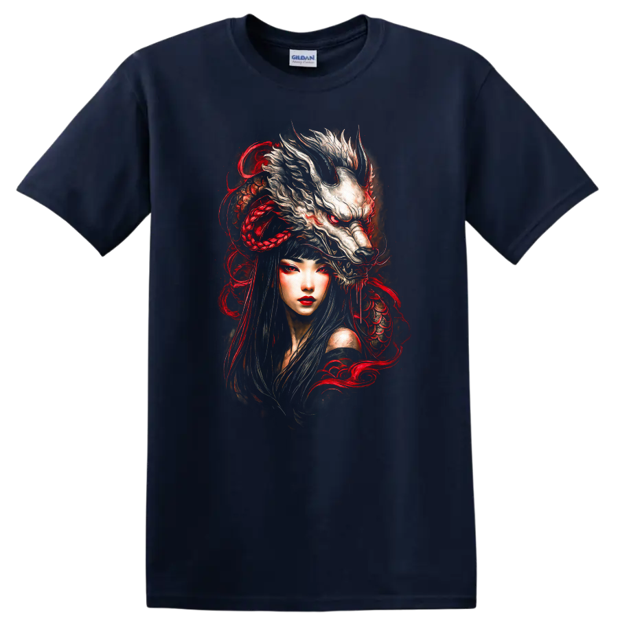 Japanese Style Oni Wolf Woman T Shirt Red Black Fantasy Art - Navy (Blue)