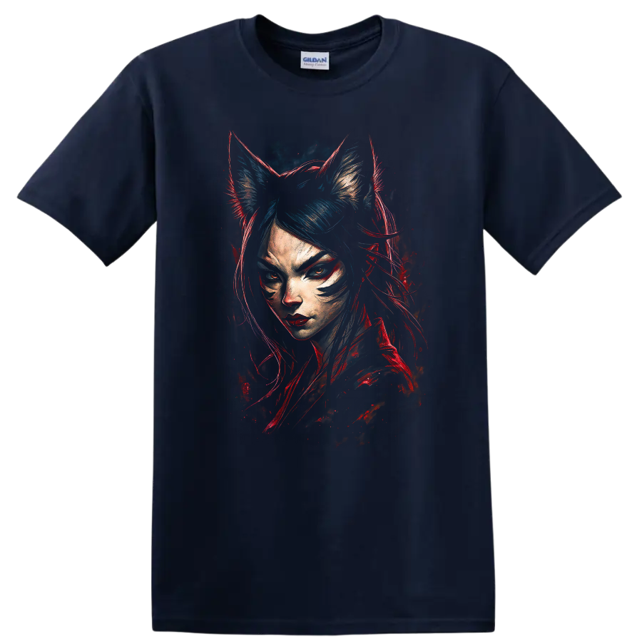 Japanese Style Cat Girl Portrait Neon Red Blue T Shirt - Navy (Blue)