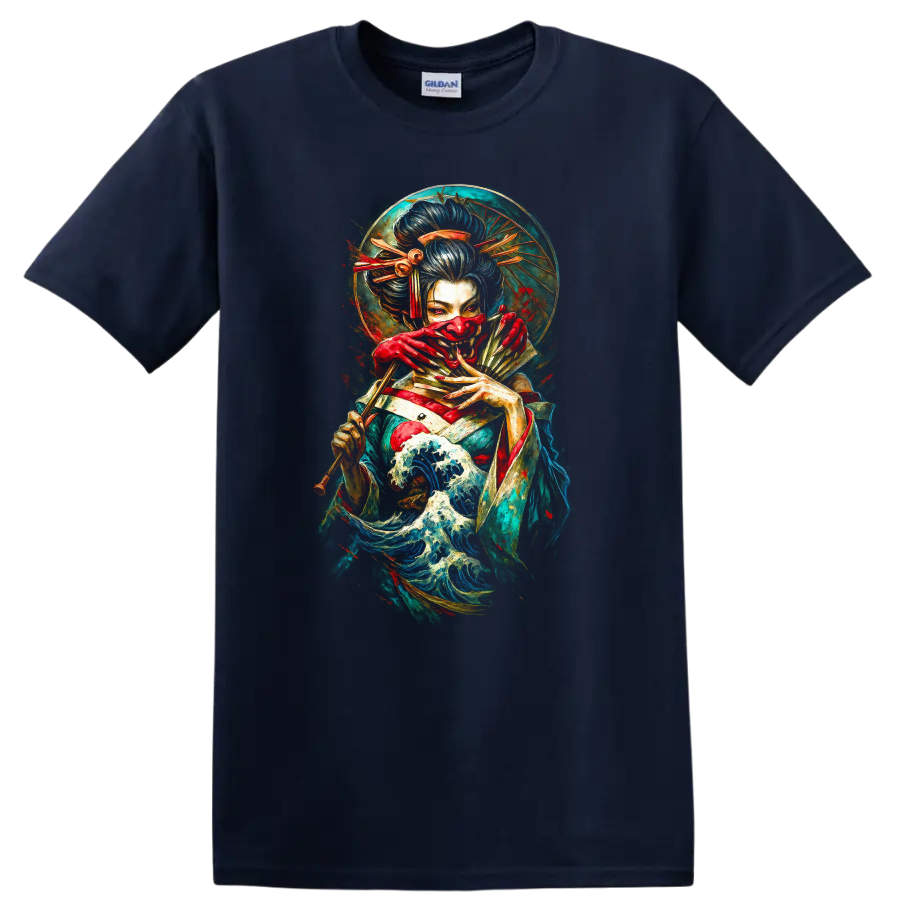 Japanese Geisha Waves T Shirt Vintage Samurai Art Design - Navy (Blue)