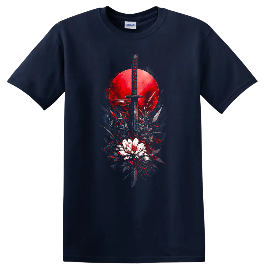Japanese Style Katana Sword Red Sun Graphic T Shirt - Navy (Blue)