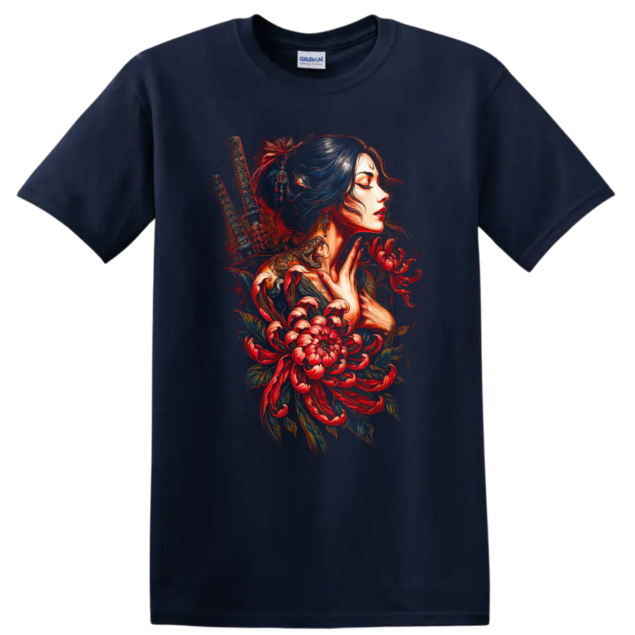 Japanese Geisha Samurai Floral Portrait T Shirt for Women - Navy (Blue)