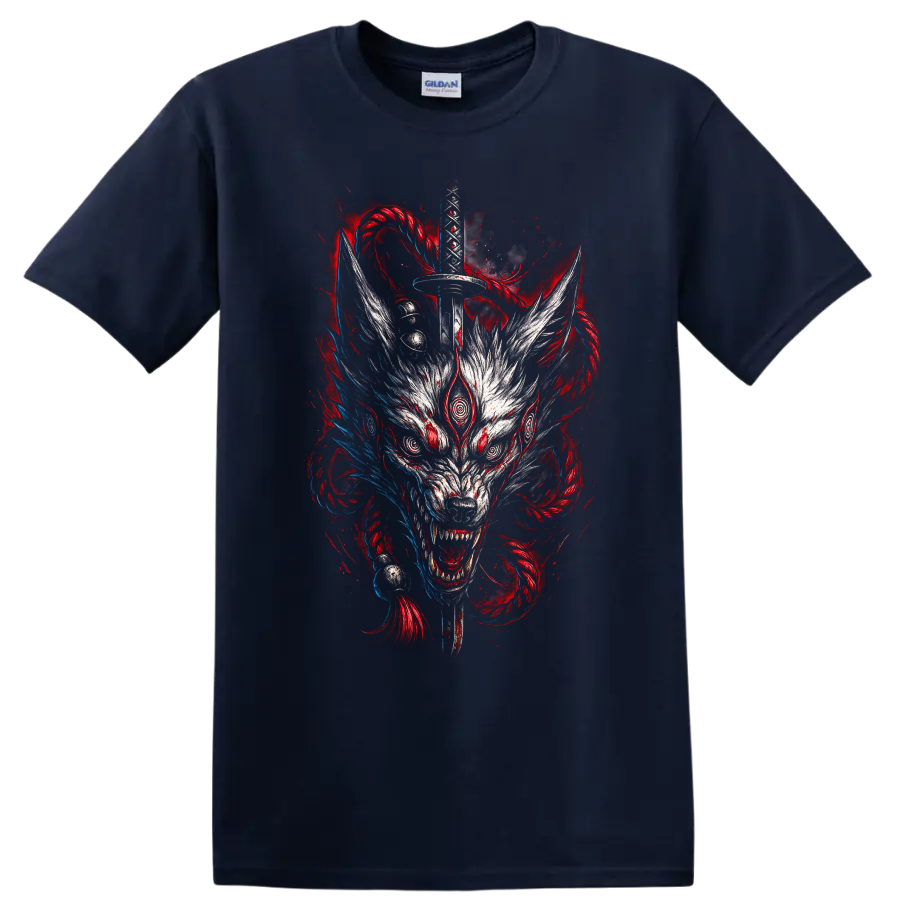 Japanese Style Wolf Sword Graphic T Shirt for Dark Anime Art Fans - Navy (Blue)