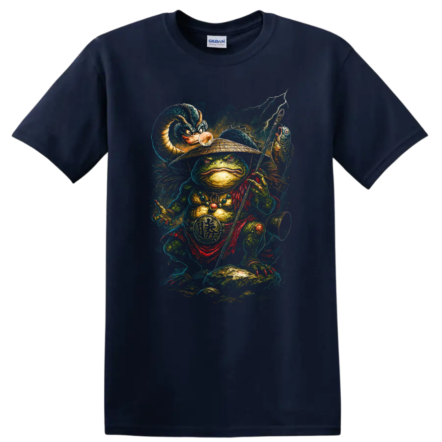Japanese Style Frog Warrior T Shirt Samurai Staff Lightning Graphic - Navy (Blue)