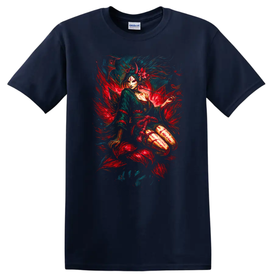 Japanese Geisha Warrior Fox Mask Art T Shirt Mythical Floral Design - Navy (Blue)