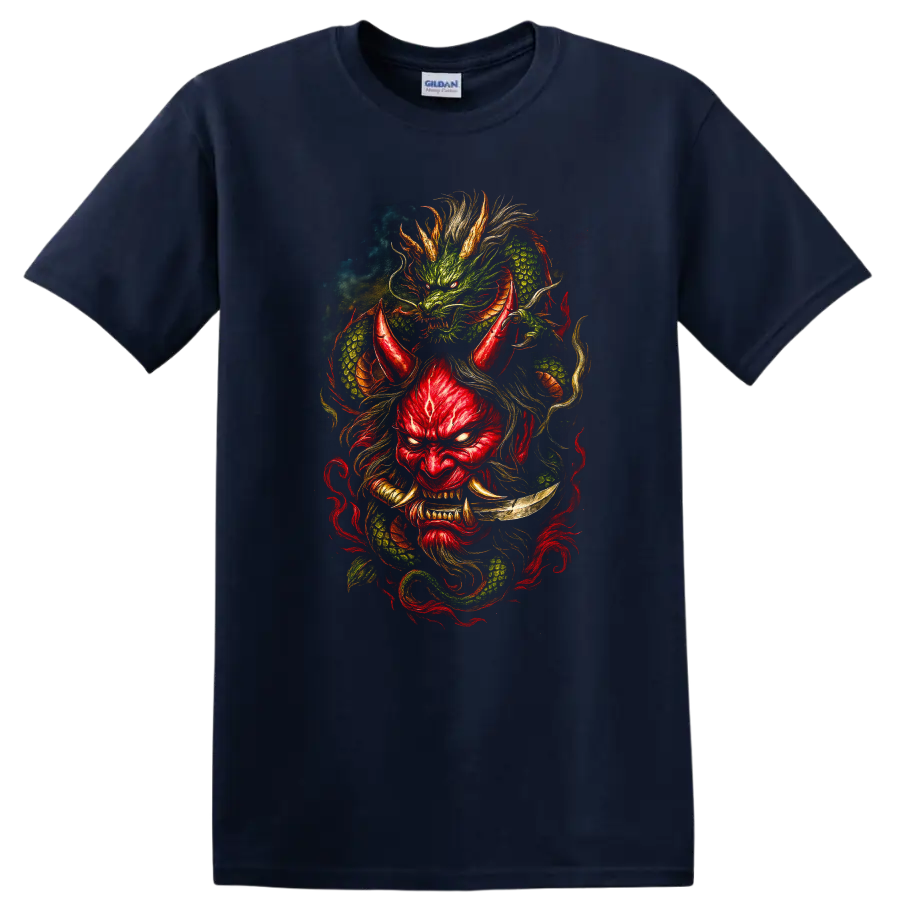 Japanese Style Dragon Mask T Shirt Red and Green Mythic Art - Navy (Blue)