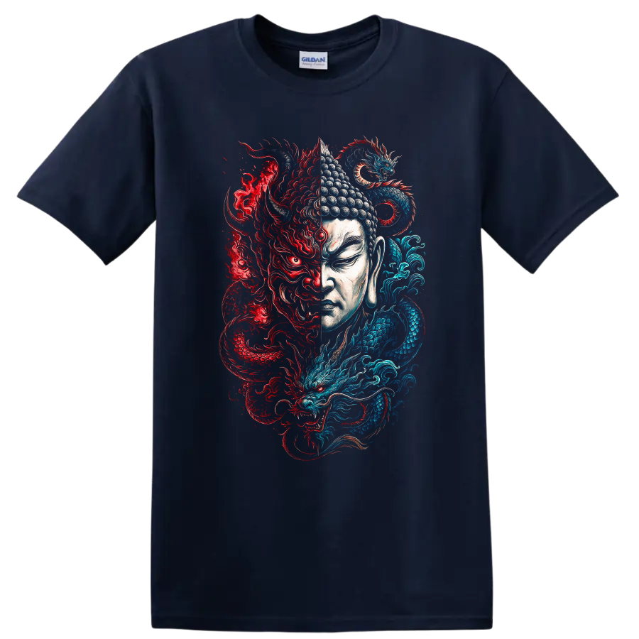 Japanese Style Dragon Buddha T Shirt Red Blue Yin Yang Art - Navy (Blue)