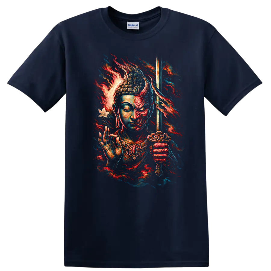 Japanese Style Buddha Samurai T Shirt Vibrant Zen Warrior Graphic - Navy (Blue)
