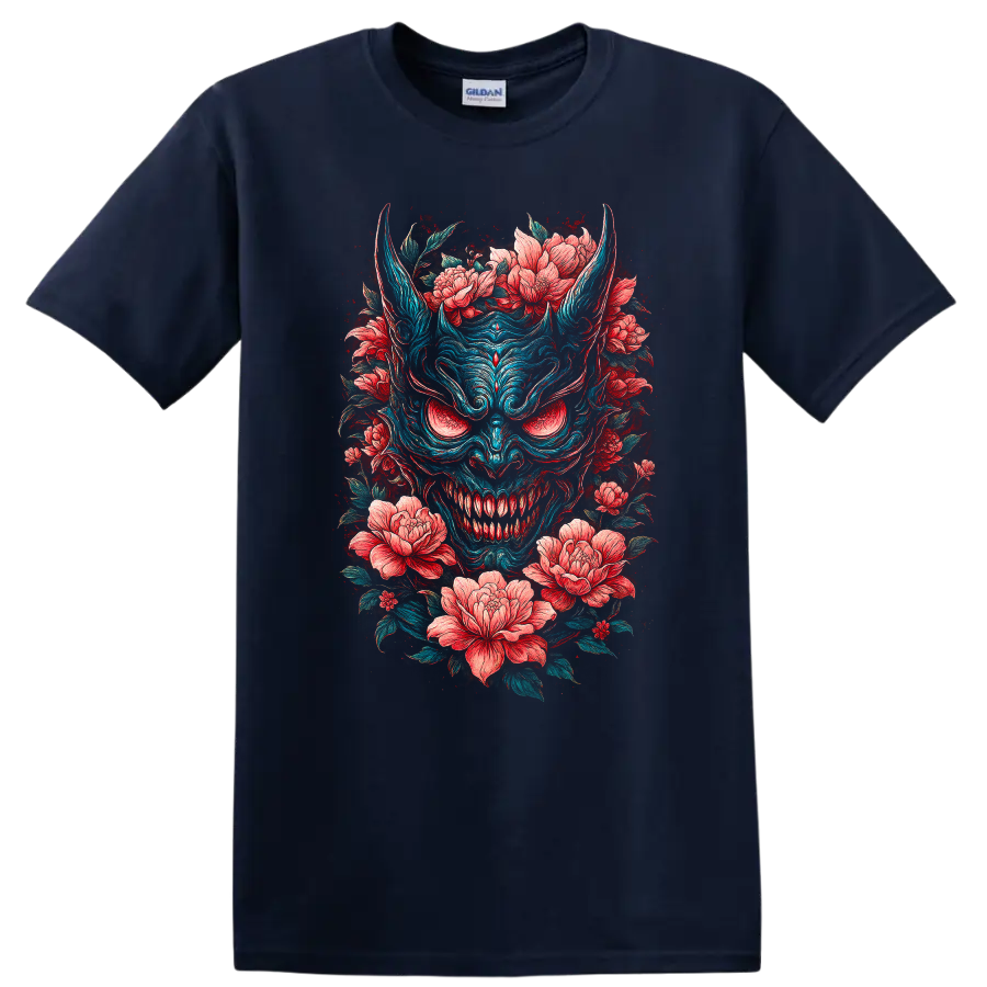 Japanese Oni Demon Mask with Floral Peonies T Shirt - Navy (Blue)