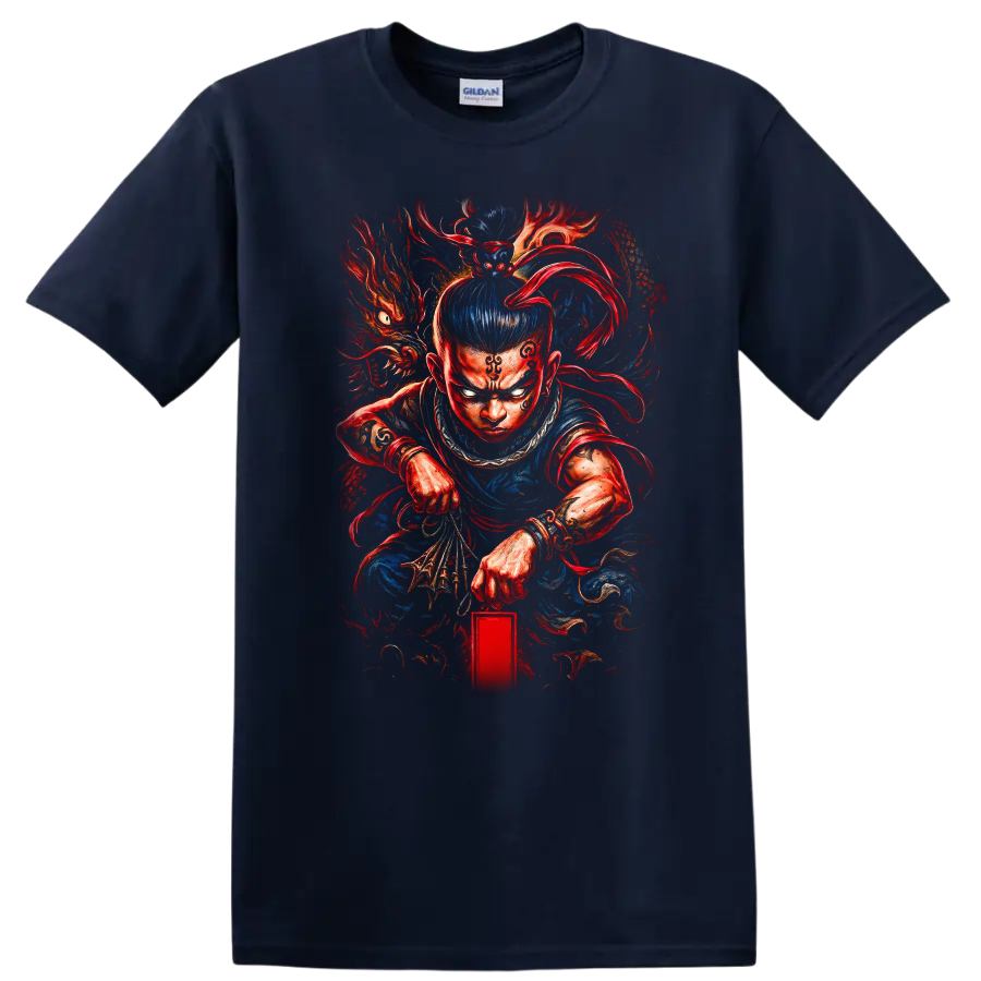 Japanese Warrior Dragon T Shirt Fierce Samurai Anime Style Art - Navy (Blue)