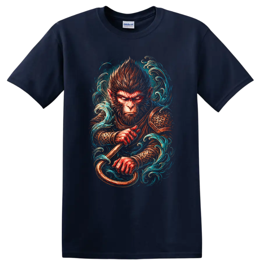 Japanese Style Monkey Warrior T Shirt, Fierce Warrior Art Tee - Navy (Blue)