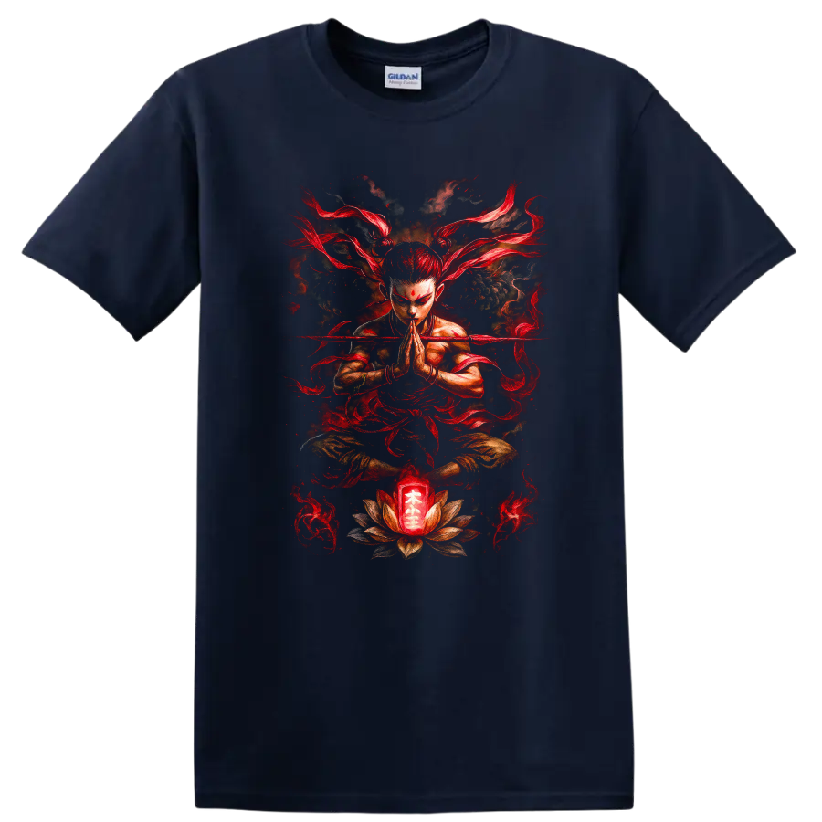 Japanese Meditation Warrior Red Flames T Shirt Zen Martial Art Design - Navy (Blue)