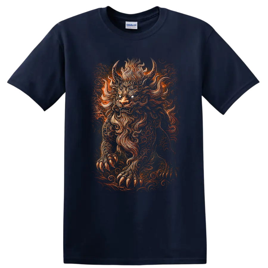 Japanese Style Oni Demon Mask Fire T Shirt for Bold Streetwear Fans - Navy (Blue)