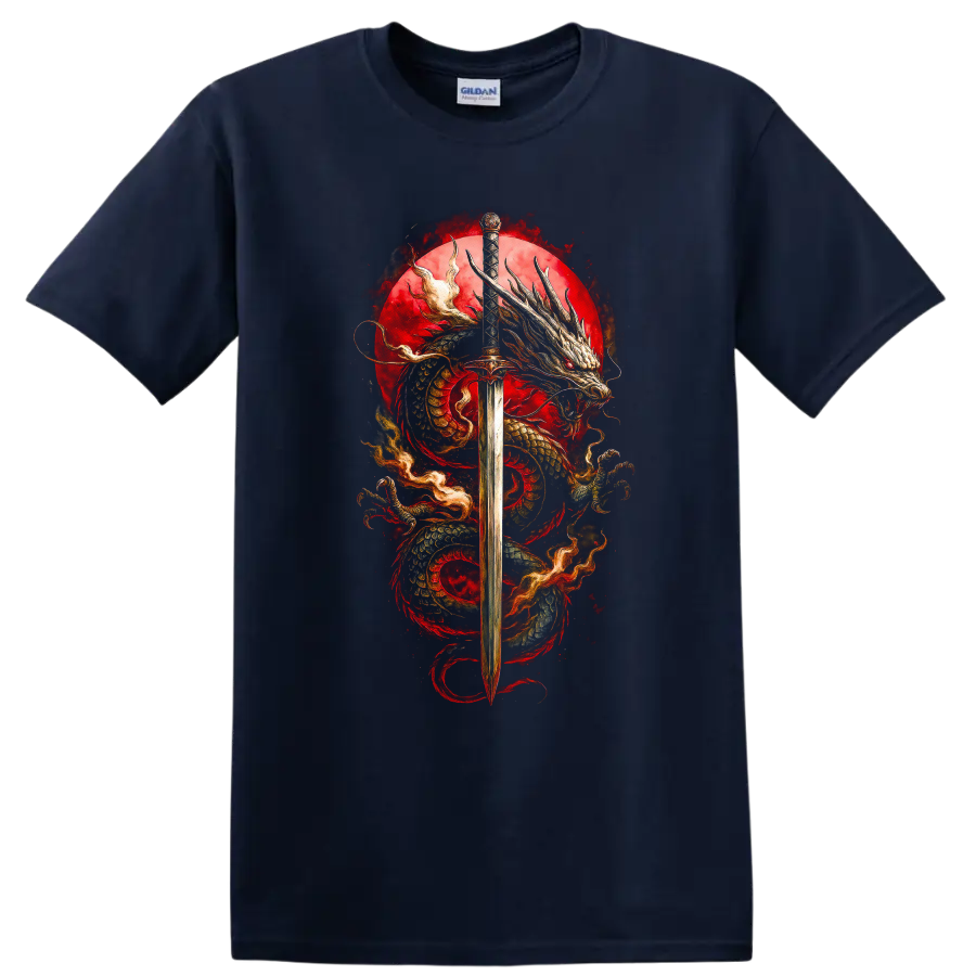 Japanese Dragon Sword Art T Shirt Bold Red Samurai Myth Design - Navy (Blue)