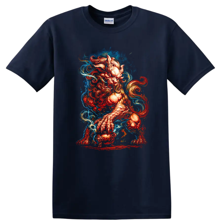 Japanese Style Oni Demon Art T Shirt for Dark Aesthetic Fans - Navy (Blue)