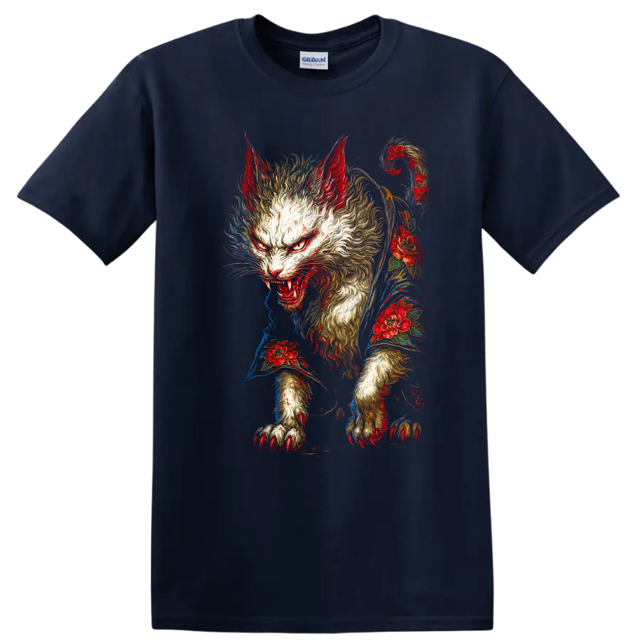 Japanese Style Fierce Cat Floral Art Graphic T Shirt - Navy (Blue)