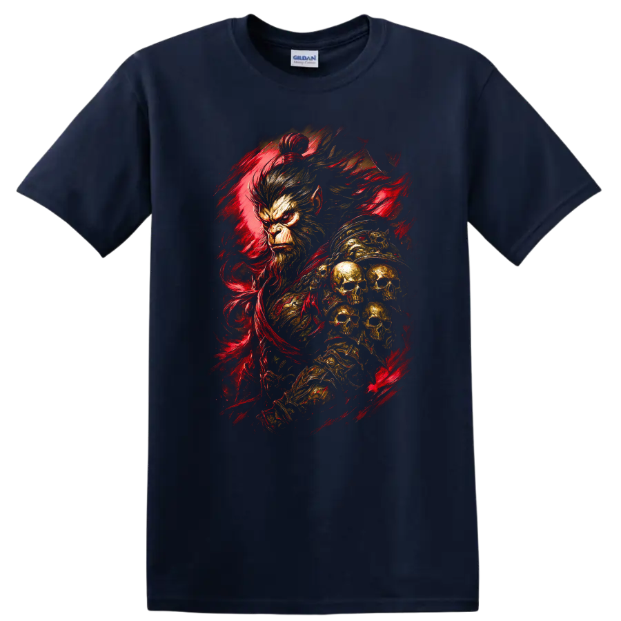 Japanese Style Monkey Skull Red Brushstroke T Shirt - Navy (Blue)