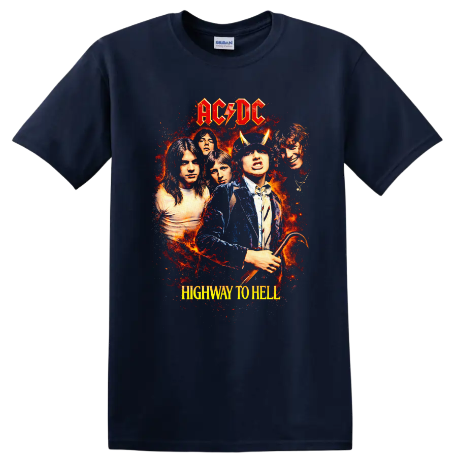 AC/DC Highway to Hell Vintage Classic Rock T Shirt - Navy (Blue)
