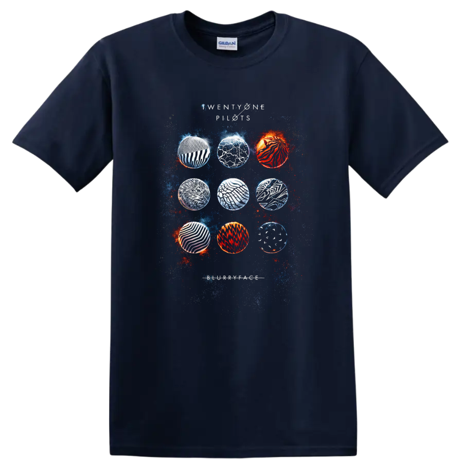 Vintage Classic Rock Album Cover Art T Shirt design inspired by Twenty One Pilots on a Navy (Blue) T Shirt