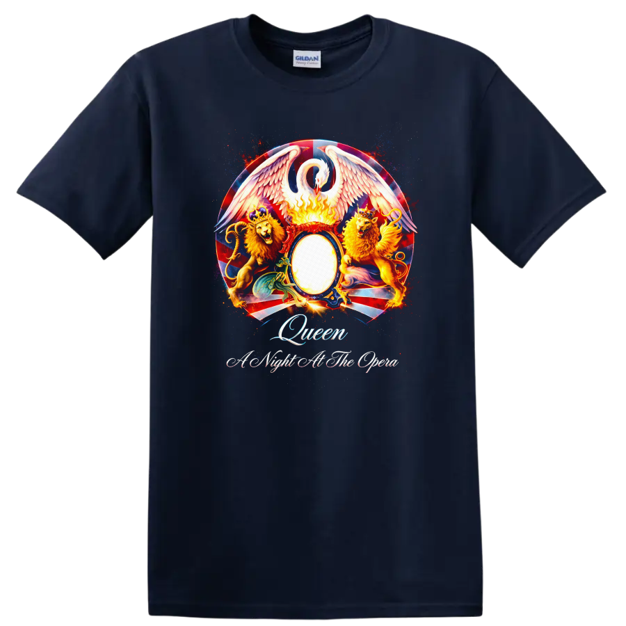 Queen Vintage Classic Rock Album Cover Art T Shirt on a Navy (Blue) T Shirt