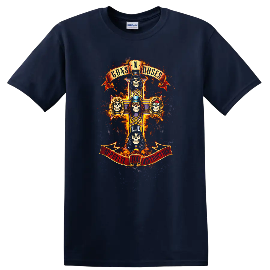 Guns N Roses Vintage Classic Rock Album Cover Art T Shirt on a Navy (Blue) T Shirt