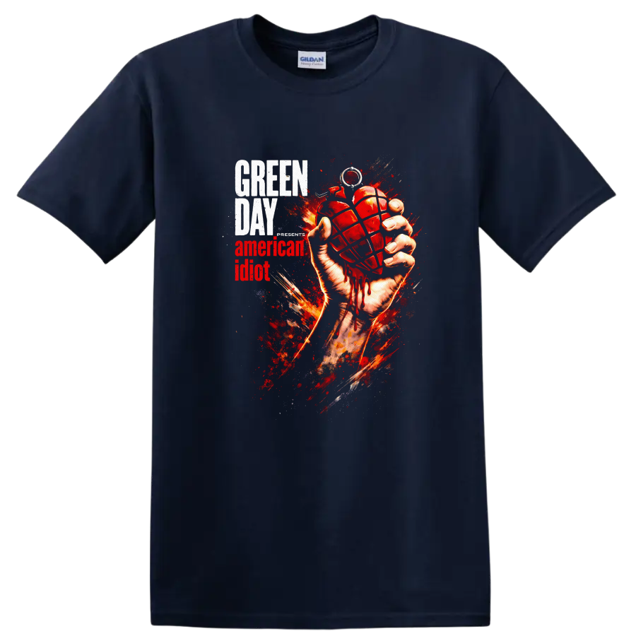 Green Day American Idiot Vintage Classic Rock T Shirt on a Navy (Blue) T Shirt