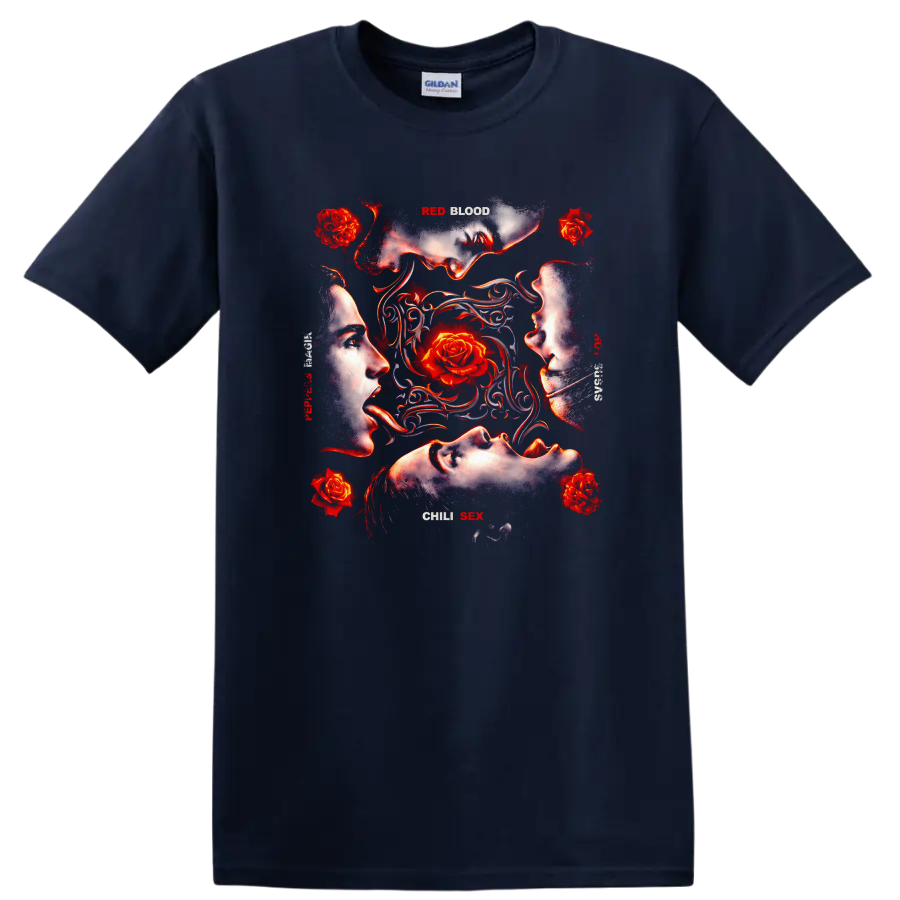 Vintage rock art T shirt design featuring faces and roses on a Navy (Blue) T Shirt