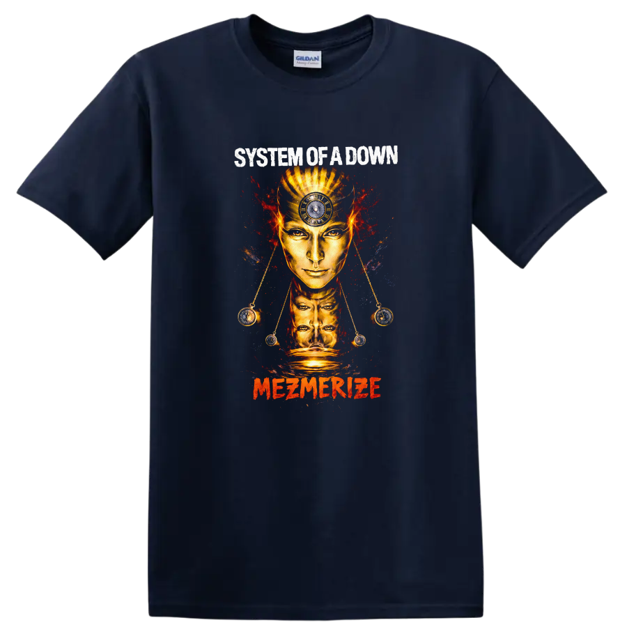 System of a Down Mezmerize Vintage Rock T Shirt on a Navy (Blue) T Shirt