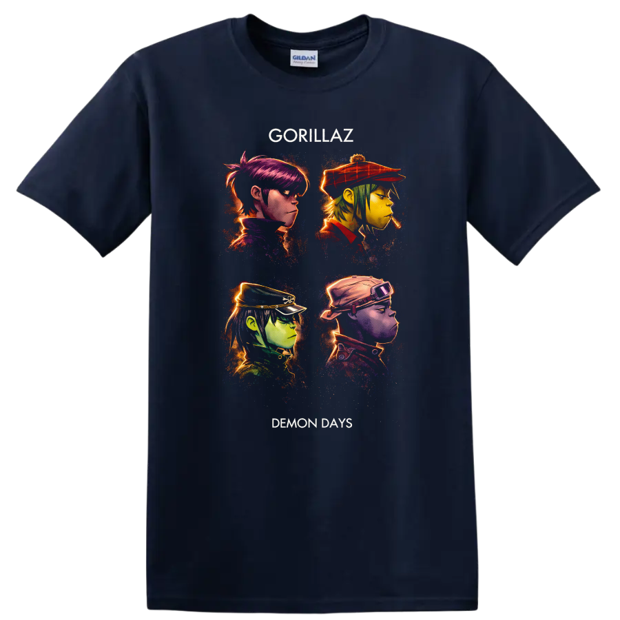 Gorillaz Demon Days Vintage Classic Rock Album Cover Art T Shirt - Navy (Blue)