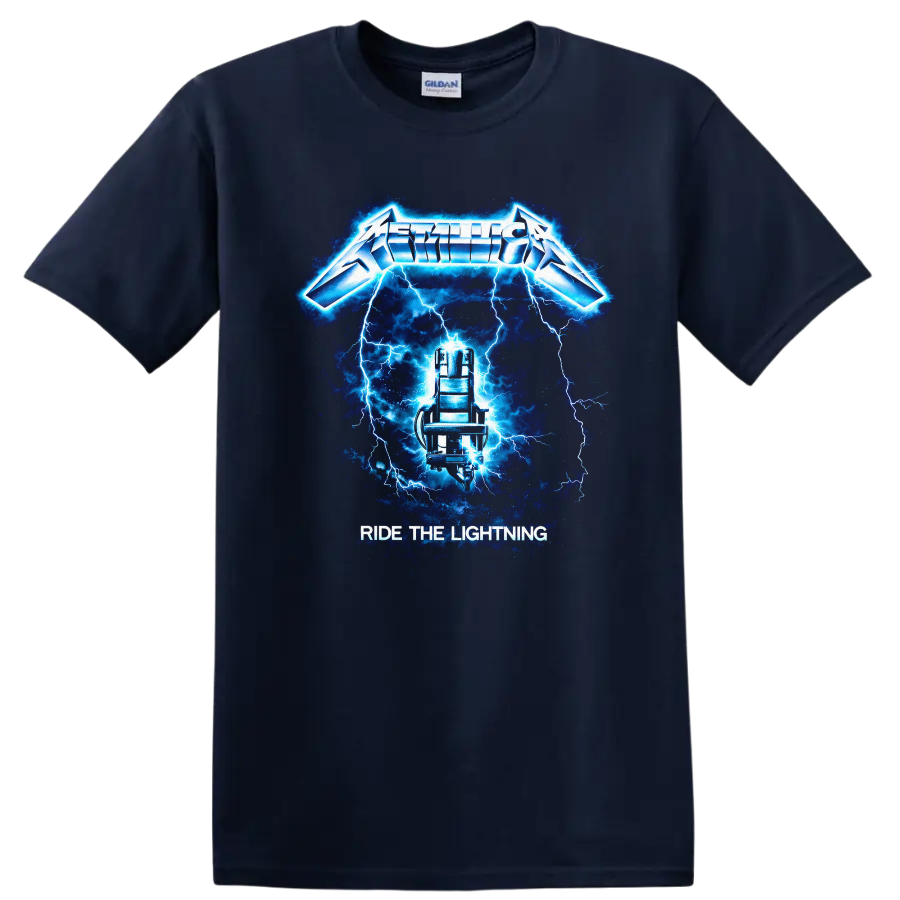 Metallica Ride the Lightning Vintage Classic Rock T Shirt - Navy (Blue)