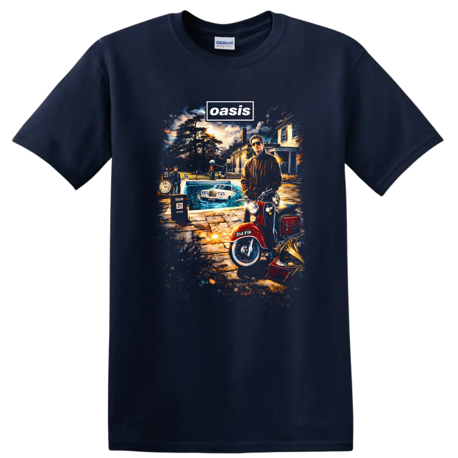 Oasis Vintage Classic Rock Album Cover Art Style T Shirt - Navy (Blue)