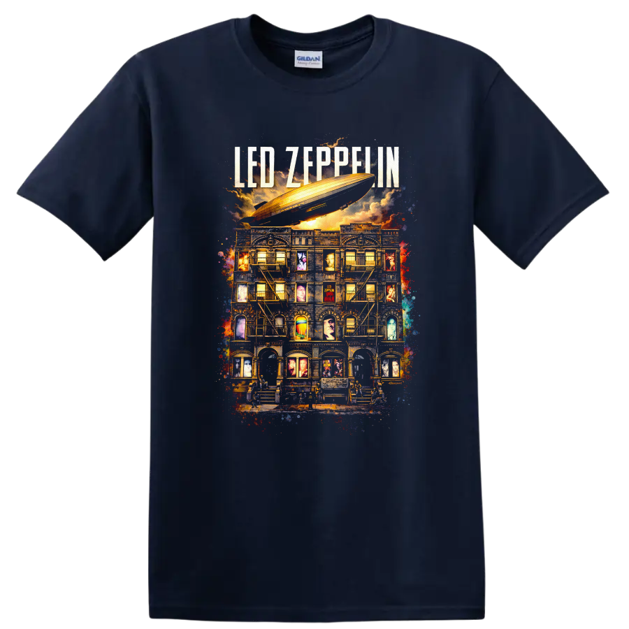 LED Zeppelin Vintage Classic Rock Album Cover Art T Shirt - Navy (Blue)