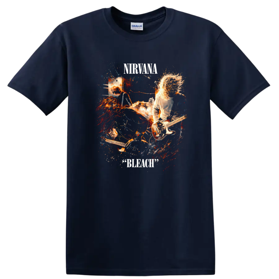 Nirvana Bleach Vintage Classic Rock Album Cover Art T Shirt - Navy (Blue)