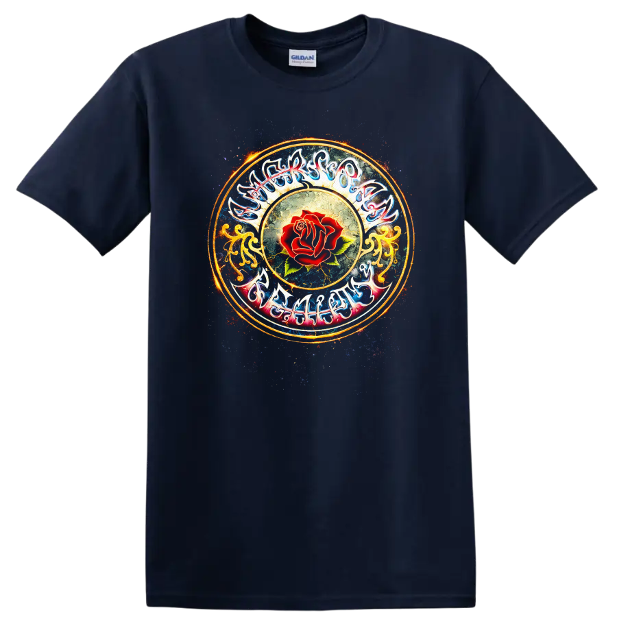 Vintage Classic Rock Album Cover Art Style T Shirt with Rose Design - Navy (Blue)
