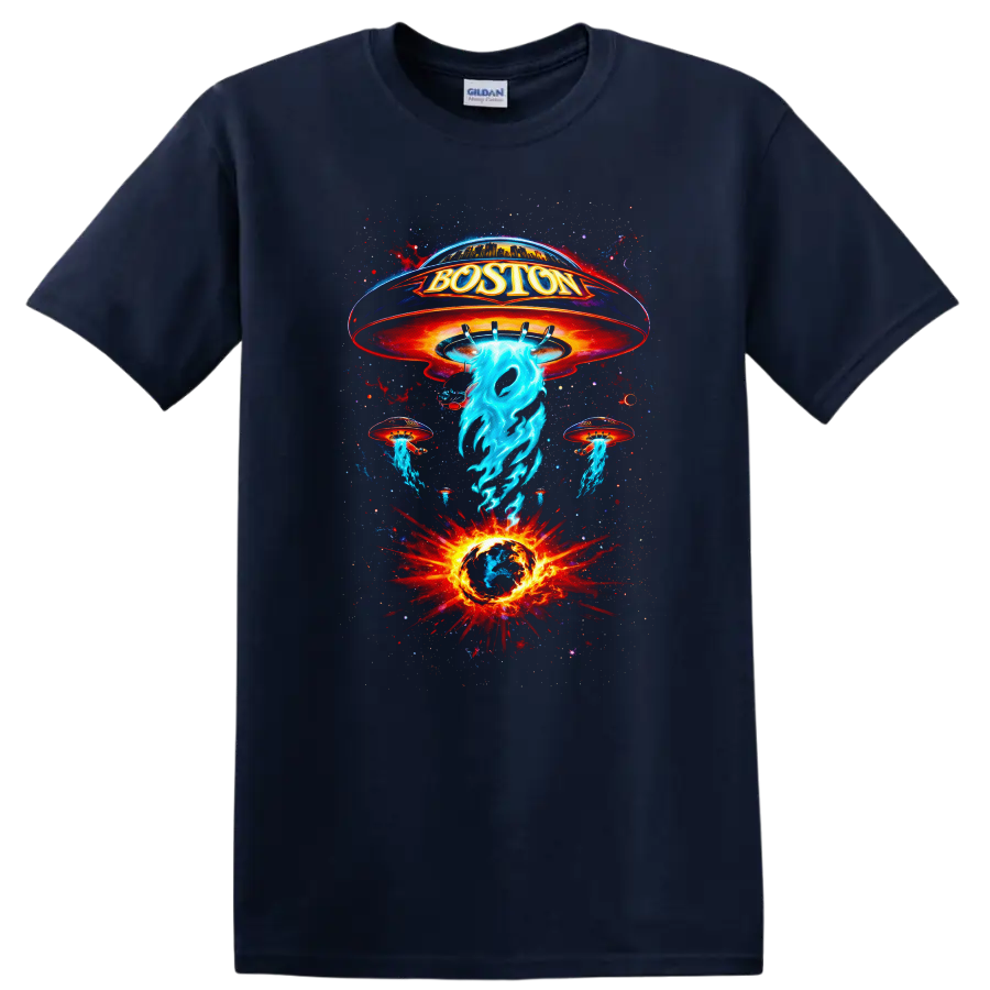 Boston Vintage Classic Rock Album Cover Art T Shirt - Navy (Blue)