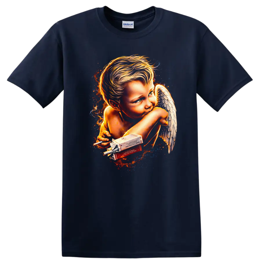 Vintage Classic Rock Angel T Shirt with Smoky Aesthetic - Navy (Blue)
