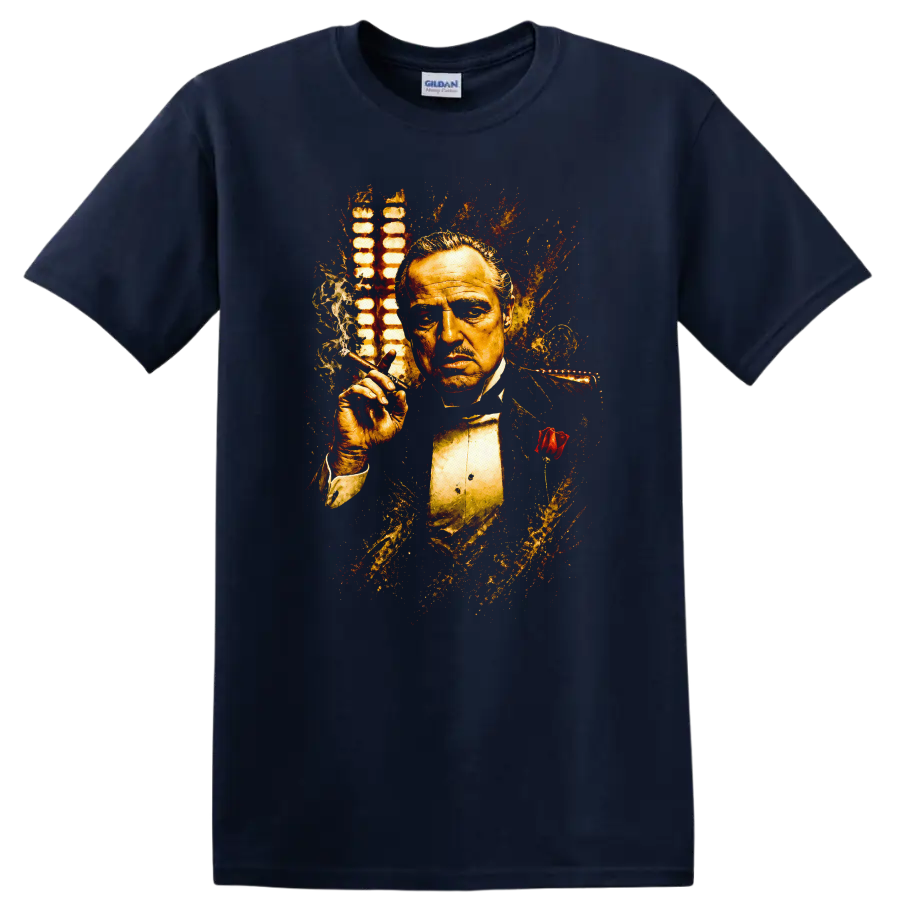 Vintage Cult Movie The Godfather Marlon Brando T Shirt on a Navy (Blue) T Shirt