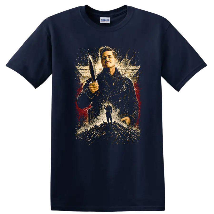 Inglourious Basterds Vintage Movie T Shirt Featuring Brad Pitt on a Navy (Blue) T Shirt