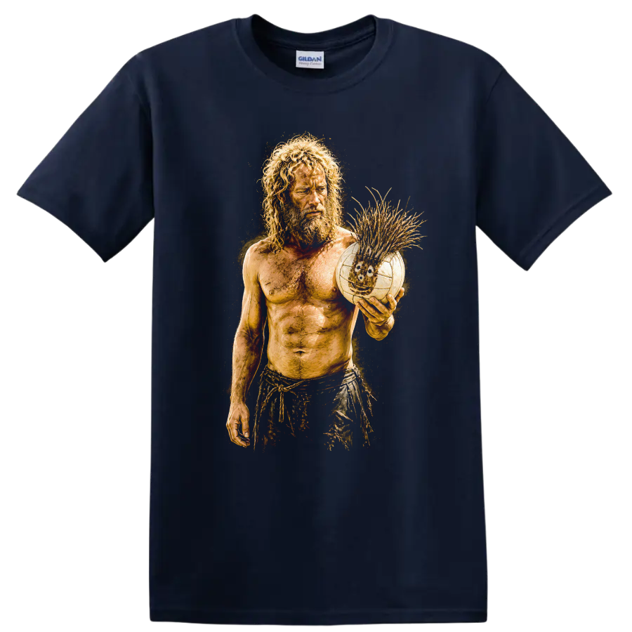 Vintage Cult Movie Cast Away Tom Hanks T Shirt on a Navy (Blue) T Shirt