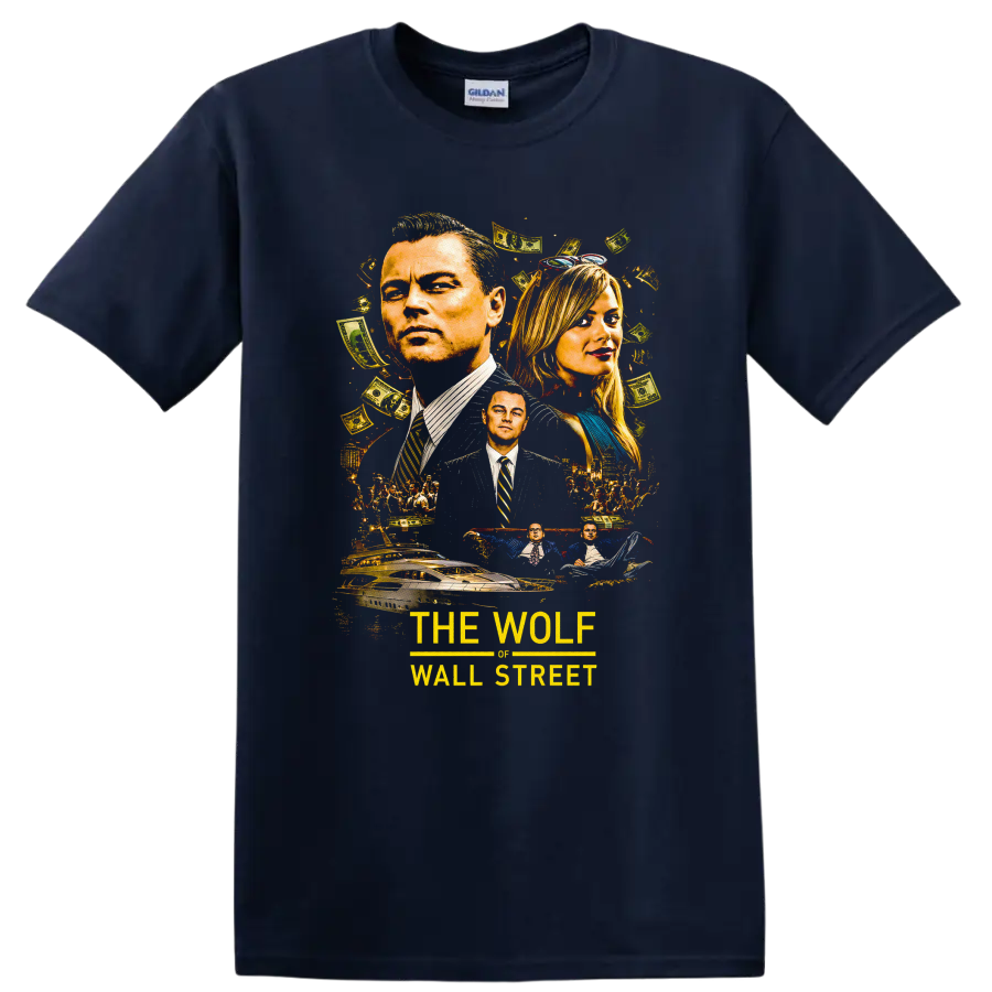 Vintage Cult Movie The Wolf of Wall Street T Shirt on a Navy (Blue) T Shirt