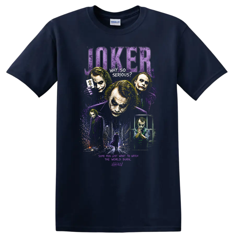 Joker Why So Serious Graphic Art T Shirt Vintage Movie Tee for Fans - Navy (Blue)
